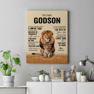 Personalized To My Godson Canvas From Godfather Lion Never Forget That I Love You Godson Birthday Gifts Graduation Christmas Custom Wall Art Print Framed Canvas | siriusteestore