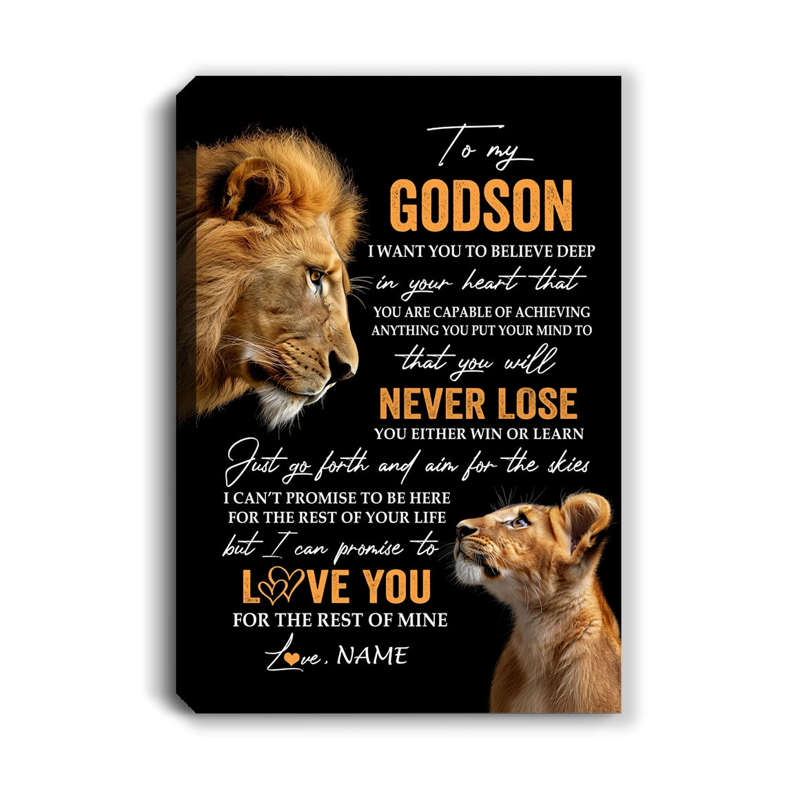 Personalized To My Godson Canvas From Godfather Uncle You Will Never Lose Lion Godson Birthday Gifts Graduation Christmas Custom Wall Art Print Framed Canvas | siriusteestore