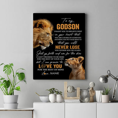 Personalized To My Godson Canvas From Godfather Uncle You Will Never Lose Lion Godson Birthday Gifts Graduation Christmas Custom Wall Art Print Framed Canvas | siriusteestore