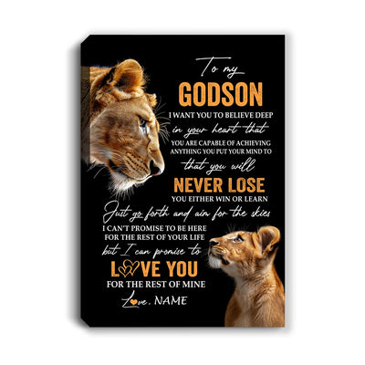Personalized To My Godson Canvas From Godmother Aunt You Will Never Lose Lion Godson Birthday Gifts Graduation Christmas Custom Wall Art Print Framed Canvas | siriusteestore