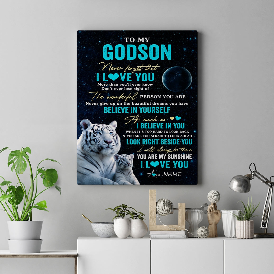 Personalized To My Godson Canvas From Godmother Godfather Never Forget I Love You White Tiger Godson Birthday Gifts Christmas Custom Wall Art Print Framed Canvas | siriusteestore
