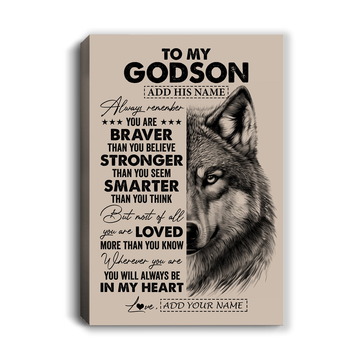 Personalized To My Godson Canvas From Godmother Godfather Wolf Braver Stronger Smarter Godson Birthday Graduation Christmas Custom Wall Art Print Framed Canvas | siriusteestore