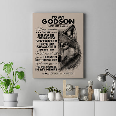 Personalized To My Godson Canvas From Godmother Godfather Wolf Braver Stronger Smarter Godson Birthday Graduation Christmas Custom Wall Art Print Framed Canvas | siriusteestore