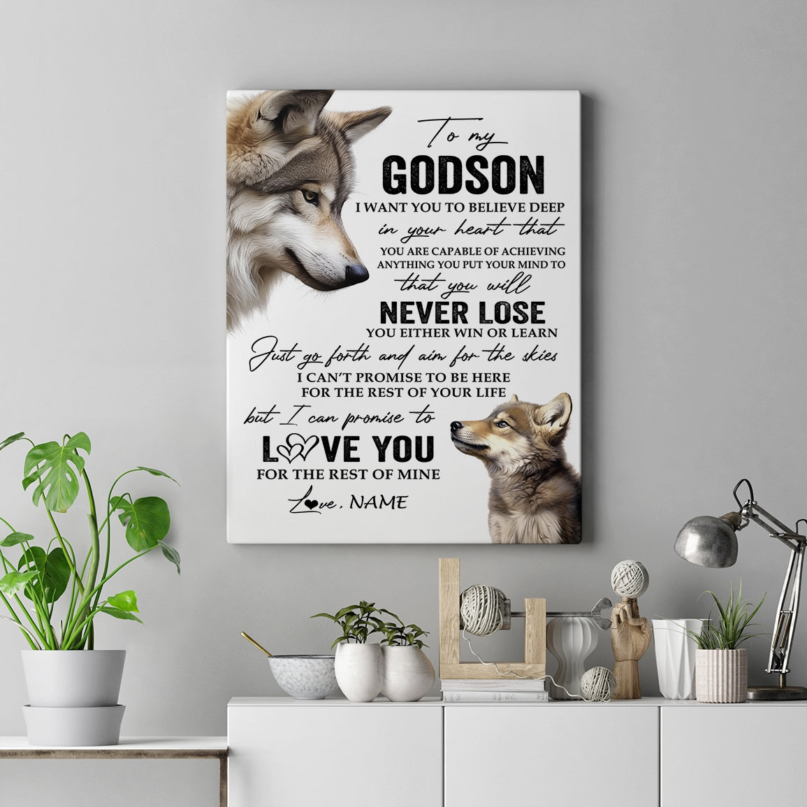 Personalized To My Godson Canvas From Godmother Godfather You Will Never Lose Wolf Godson Birthday Gifts Graduation Christmas Custom Wall Art Print Framed Canvas | siriusteestore