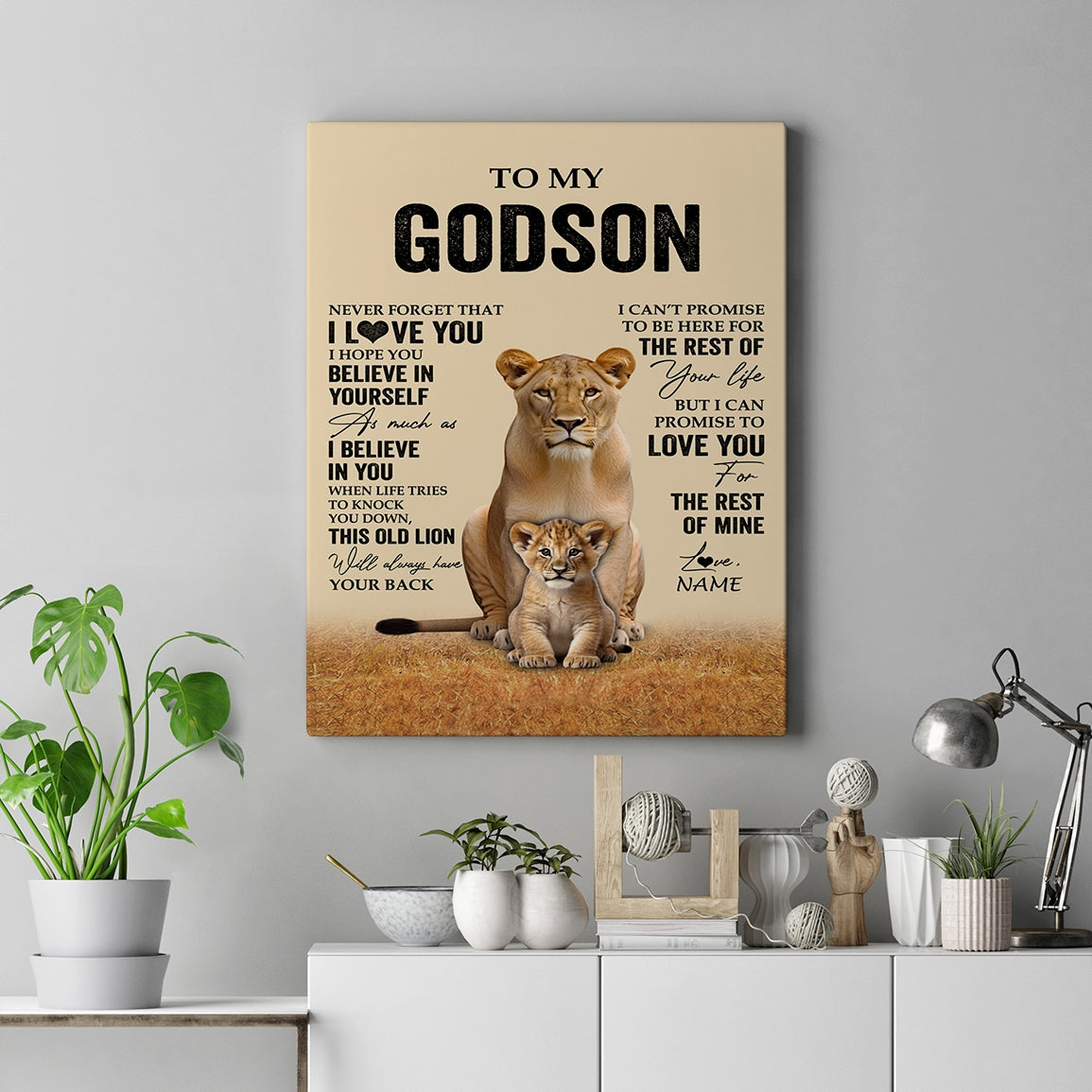 Personalized To My Godson Canvas From Godmother Lion Never Forget That I Love You Godson Birthday Gifts Graduation Christmas Custom Wall Art Print Framed Canvas | siriusteestore
