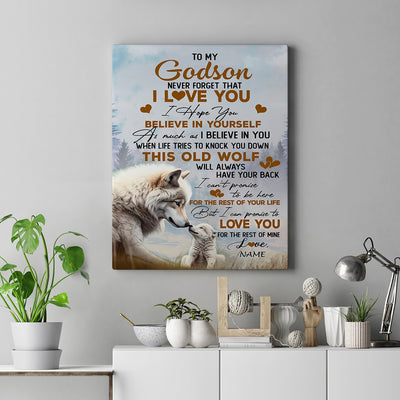 Personalized To My Godson Canvas From Godmother Never Forget That I Love You Wolf Godson Birthday Gifts Graduation Christmas Custom Wall Art Print Framed Canvas | siriusteestore