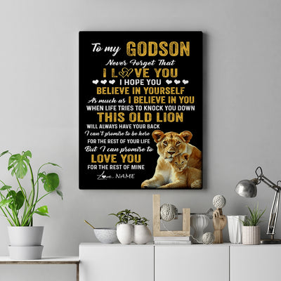 Personalized To My Godson Canvas From Godmother This Old Lion Love You Godson Birthday Gifts Graduation Christmas Custom Wall Art Print Framed Canvas | siriusteestore