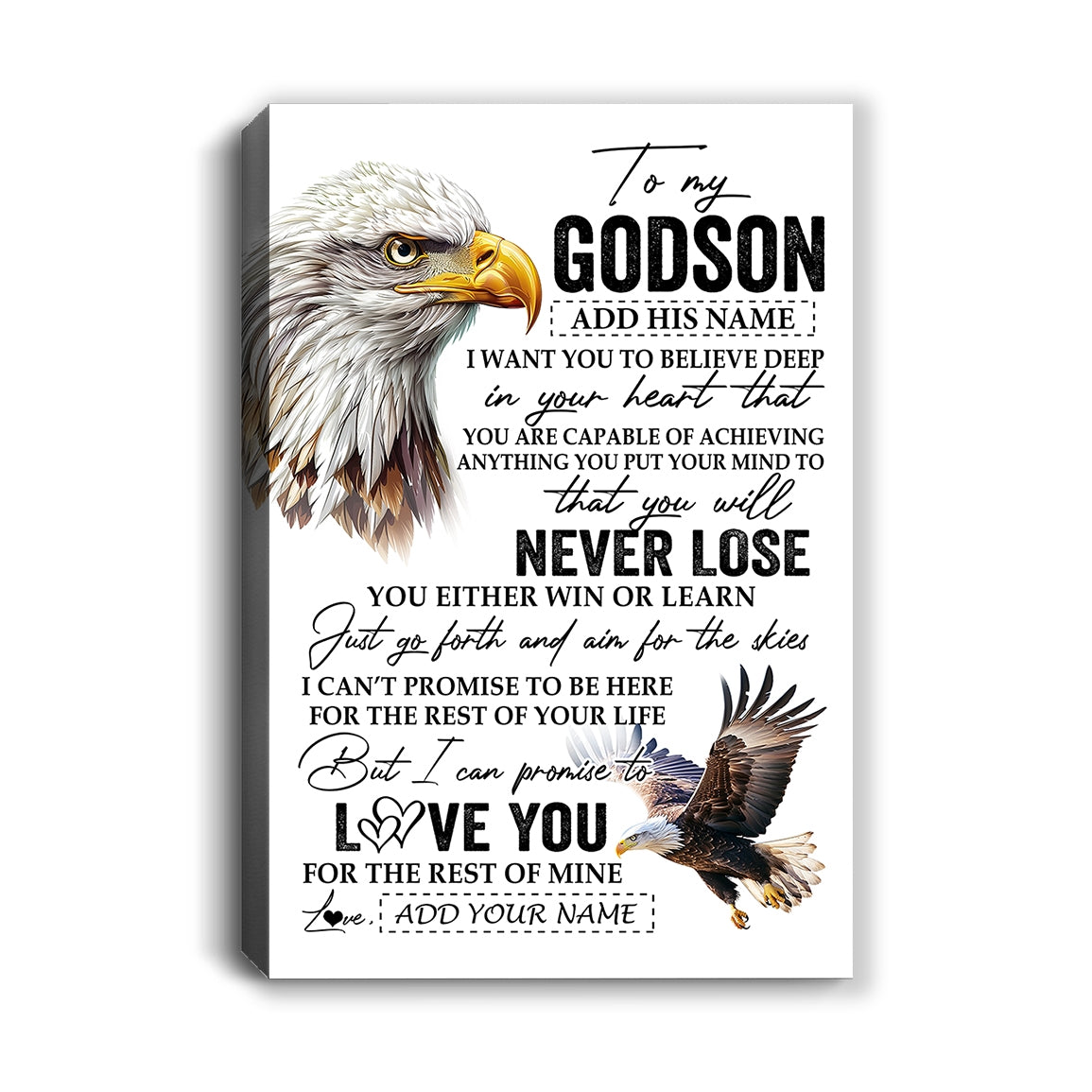 Personalized To My Godson Canvas From Godmother Uncle You Will Never Lose Eagle Godson Birthday Gifts Graduation Christmas Custom Wall Art Print Framed Canvas | siriusteestore