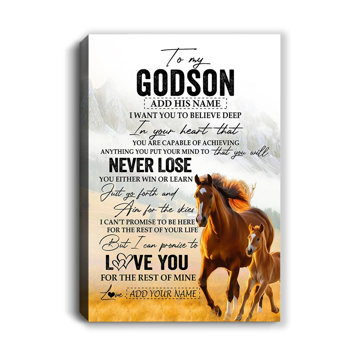 Personalized To My Godson Canvas From Godmother Uncle You Will Never Lose Horse Godson Birthday Gifts Graduation Christmas Custom Wall Art Print Framed Canvas | siriusteestore