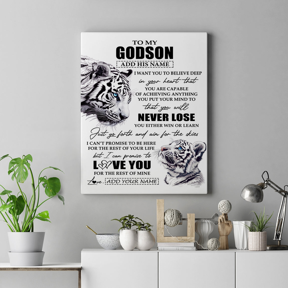 Personalized To My Godson Canvas From Godmother Uncle You Will Never Lose White Tiger Godson Birthday Gifts Graduation Christmas Custom Wall Art Print Framed Canvas | siriusteestore