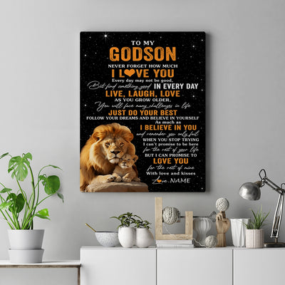Personalized To My Godson Canvas From Uncle Live Laugh Love Lion Godchild Godson Birthday Gifts Positive Graduation Christmas Custom Wall Art Print Framed Canvas | siriusteestore