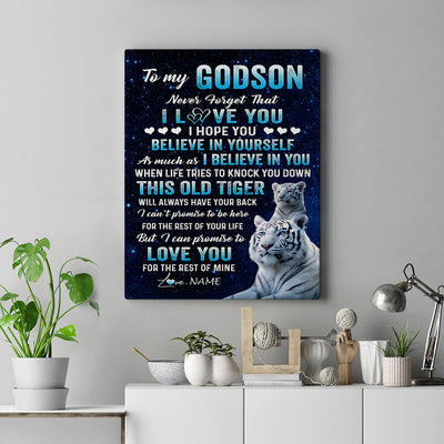 Personalized To My Godson Canvas Gift From Godmother Aunt Uncle This Old Tiger Love You Godson Birthday Graduation Christmas Custom Wall Art Print Framed Canvas | siriusteestore