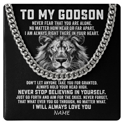 Cuban Link Chain Necklace Stainless Steel | 1 | Personalized To My Godson Cuban Necklace From Uncle Aunt Never Fear That You Are Alone Lion Godson Birthday Christmas Customized Gift Box Message Card | siriusteestore
