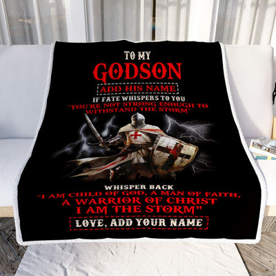 Personalized To My Godson From Godfather Blanket For Men Warrior Knight Templar I Am The Storm Godson Birthday Gifts Christmas Customized Fleece Blanket | siriusteestore