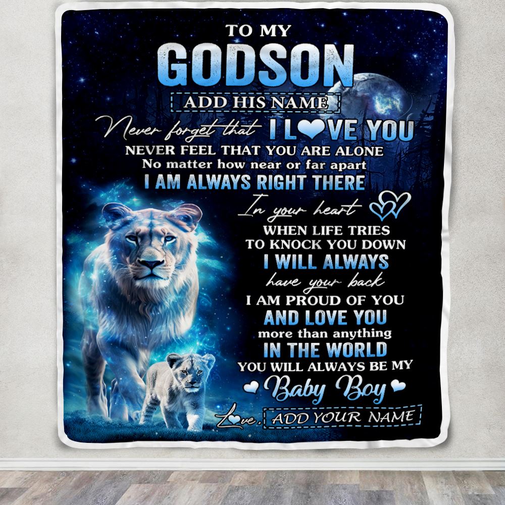 Personalized To My Godson Gift Blanket From Godmother Never Feel That You Are Alone Lion Godson Birthday Graduation Christmas Customized Fleece Throw Blanket | siriusteestore
