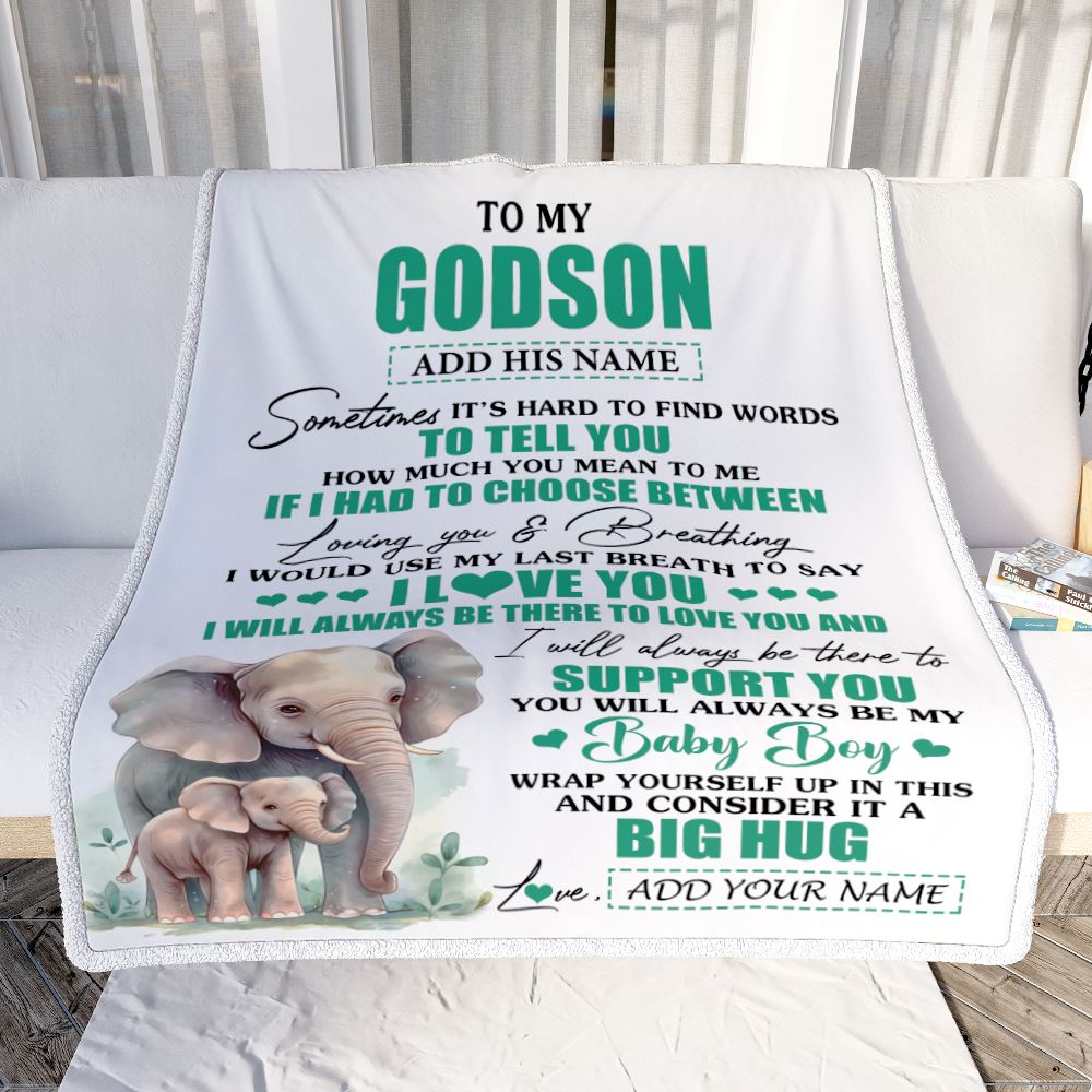 Personalized To My Godson Gift Blanket From Godmother Uncle Sometimes It's Hard Elephant Godson Birthday Gifts Graduation Christmas Customized Fleece Blanket | siriusteestore