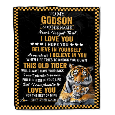 Personalized To My Godson Gifts Blanket From Aunt Uncle Godmother This Old Tiger Love You Godson Birthday Gifts Graduation Christmas Customized Fleece Blanket | siriusteestore