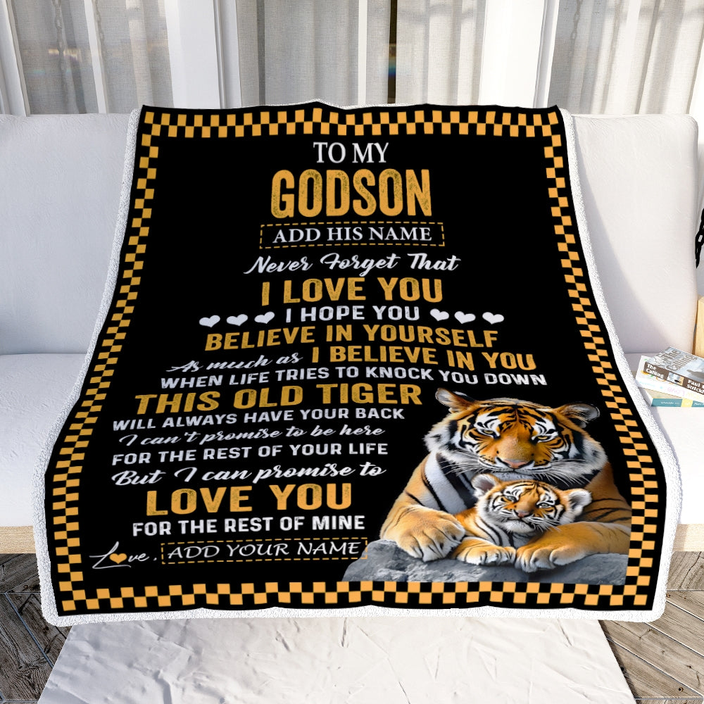 Personalized To My Godson Gifts Blanket From Aunt Uncle Godmother This Old Tiger Love You Godson Birthday Gifts Graduation Christmas Customized Fleece Blanket | siriusteestore