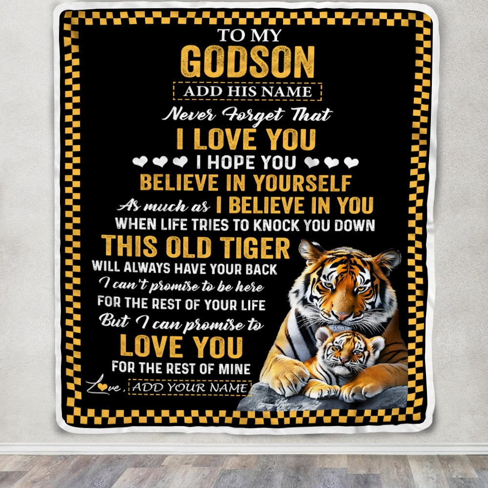 Personalized To My Godson Gifts Blanket From Aunt Uncle Godmother This Old Tiger Love You Godson Birthday Gifts Graduation Christmas Customized Fleece Blanket | siriusteestore