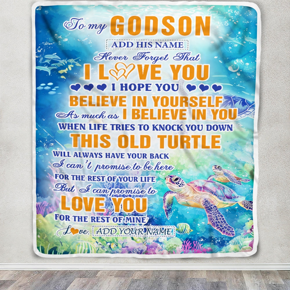 Personalized To My Godson Gifts Blanket From Aunt Uncle Godmother This Old Turtle Love You Godson Birthday Gifts Graduation Christmas Custom Fleece Blanket | siriusteestore