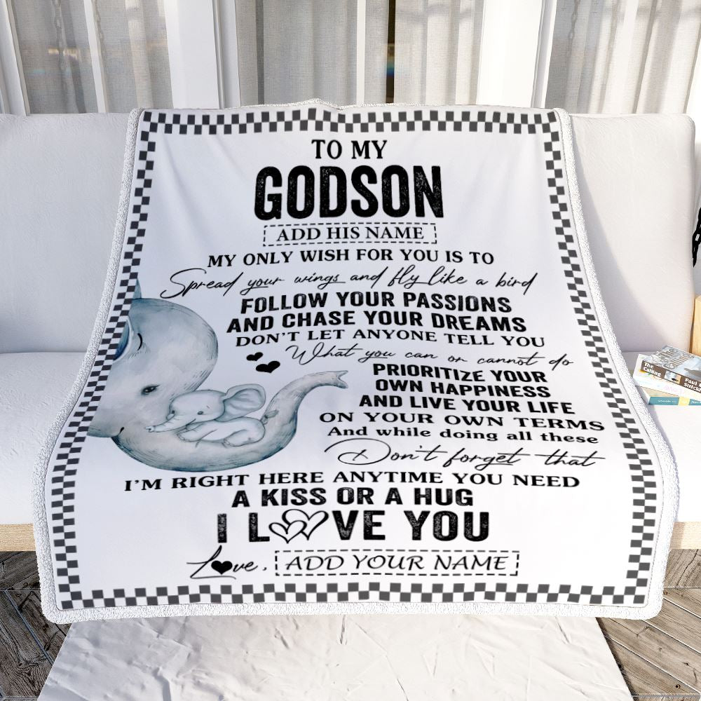 Personalized To My Godson Gifts Blanket From Godmother Elephant My Only Wish For You Godson Birthday Gifts Graduation Christmas Customized Fleece Blanket | siriusteestore