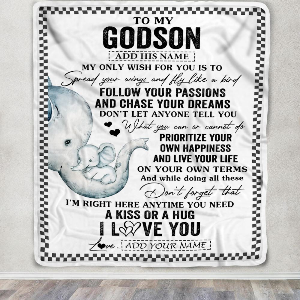 Personalized To My Godson Gifts Blanket From Godmother Elephant My Only Wish For You Godson Birthday Gifts Graduation Christmas Customized Fleece Blanket | siriusteestore