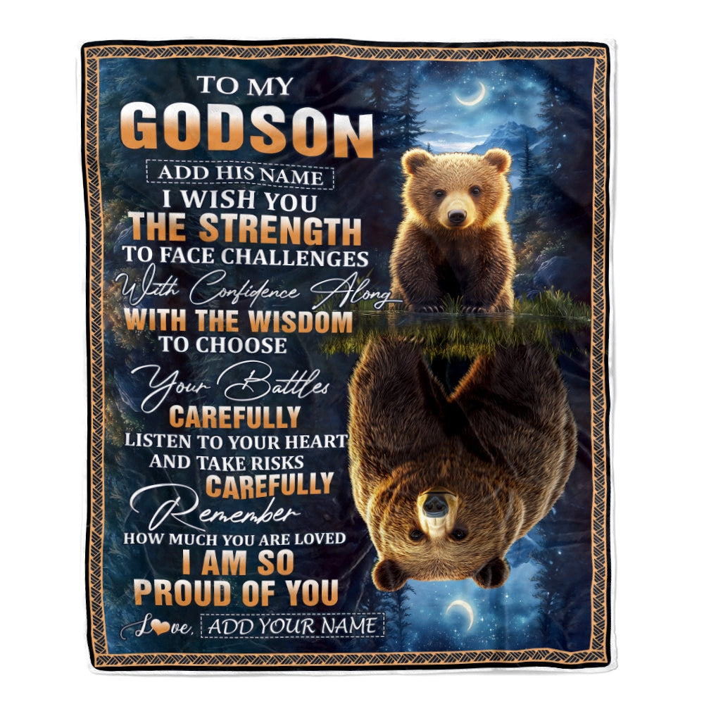 Personalized To My Godson Gifts Blanket From Godmother Godfather I Wish You The Strength Bear Godson Birthday Gifts Christmas Graduation Fleece Blanket | siriusteestore