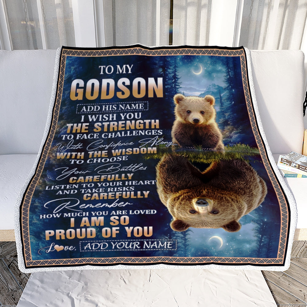 Personalized To My Godson Gifts Blanket From Godmother Godfather I Wish You The Strength Bear Godson Birthday Gifts Christmas Graduation Fleece Blanket | siriusteestore