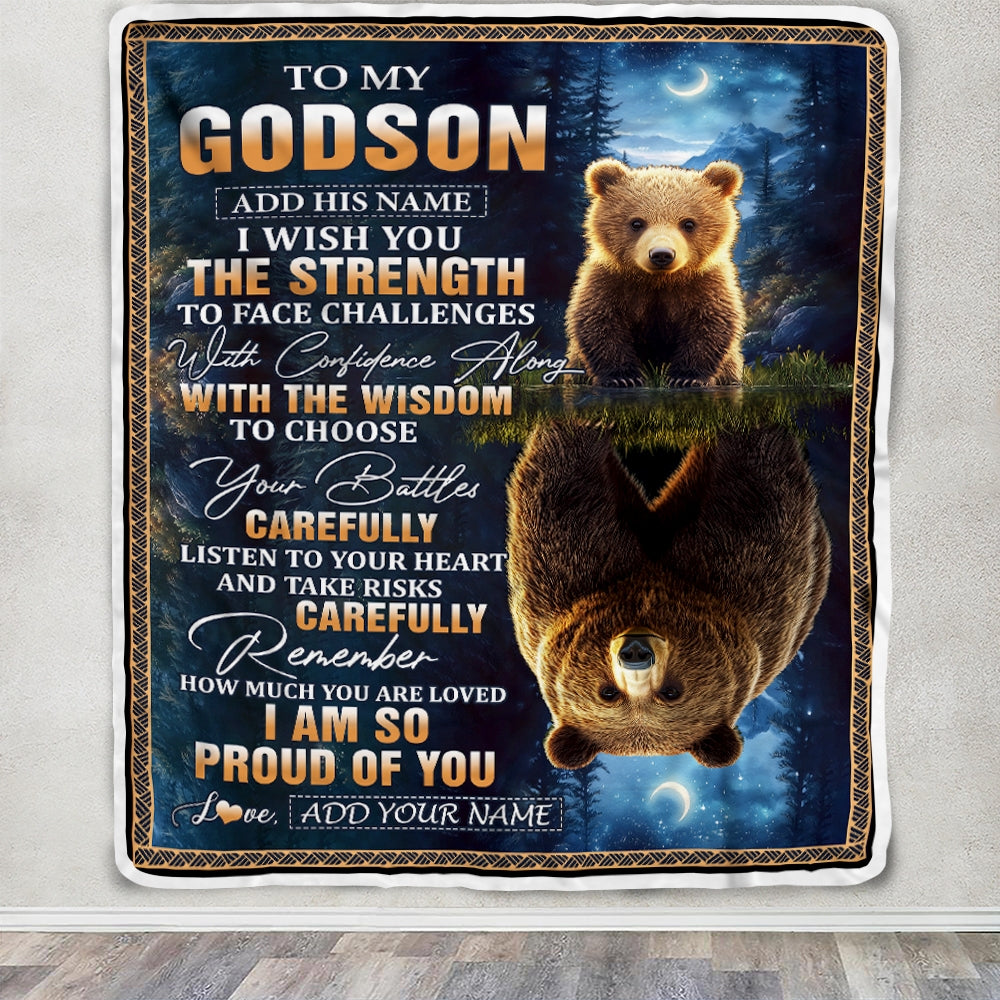 Personalized To My Godson Gifts Blanket From Godmother Godfather I Wish You The Strength Bear Godson Birthday Gifts Christmas Graduation Fleece Blanket | siriusteestore