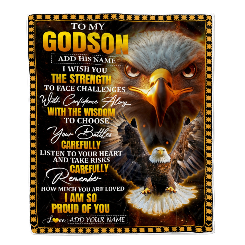Personalized To My Godson Gifts Blanket From Godmother Godfather I Wish You The Strength Eagle Godson Birthday Gifts Christmas Graduation Fleece Blanket | siriusteestore