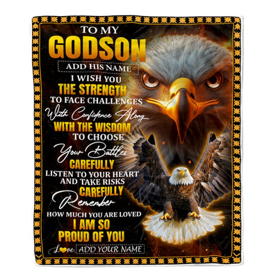 Personalized To My Godson Gifts Blanket From Godmother Godfather I Wish You The Strength Eagle Godson Birthday Gifts Christmas Graduation Fleece Blanket | siriusteestore