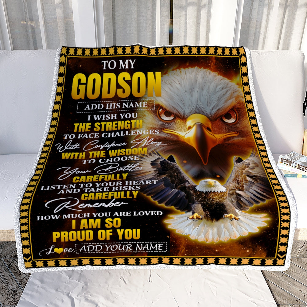Personalized To My Godson Gifts Blanket From Godmother Godfather I Wish You The Strength Eagle Godson Birthday Gifts Christmas Graduation Fleece Blanket | siriusteestore