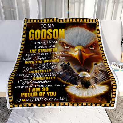 Personalized To My Godson Gifts Blanket From Godmother Godfather I Wish You The Strength Eagle Godson Birthday Gifts Christmas Graduation Fleece Blanket | siriusteestore