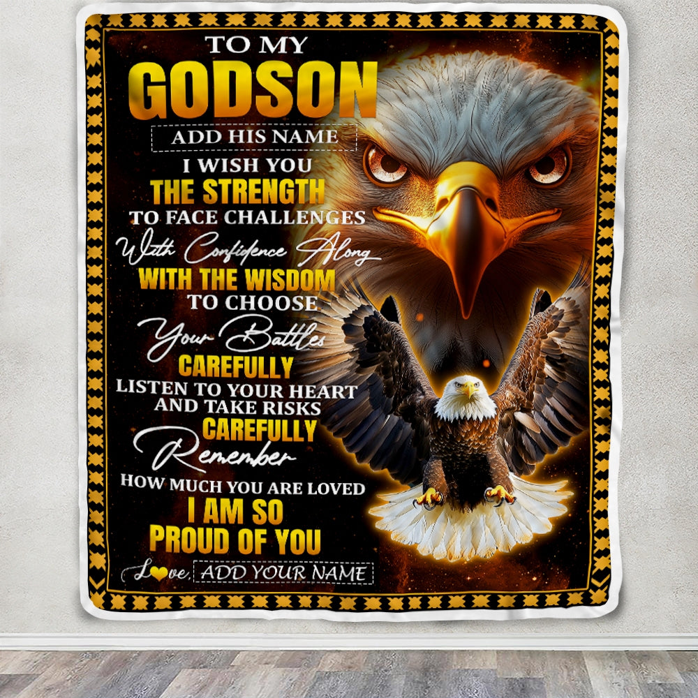Personalized To My Godson Gifts Blanket From Godmother Godfather I Wish You The Strength Eagle Godson Birthday Gifts Christmas Graduation Fleece Blanket | siriusteestore