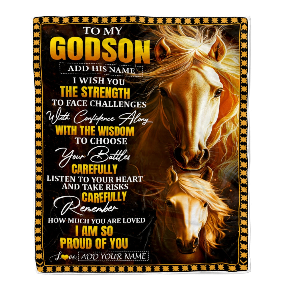 Personalized To My Godson Gifts Blanket From Godmother Godfather I Wish You The Strength Horse Godson Birthday Gifts Christmas Graduation Fleece Blanket | siriusteestore