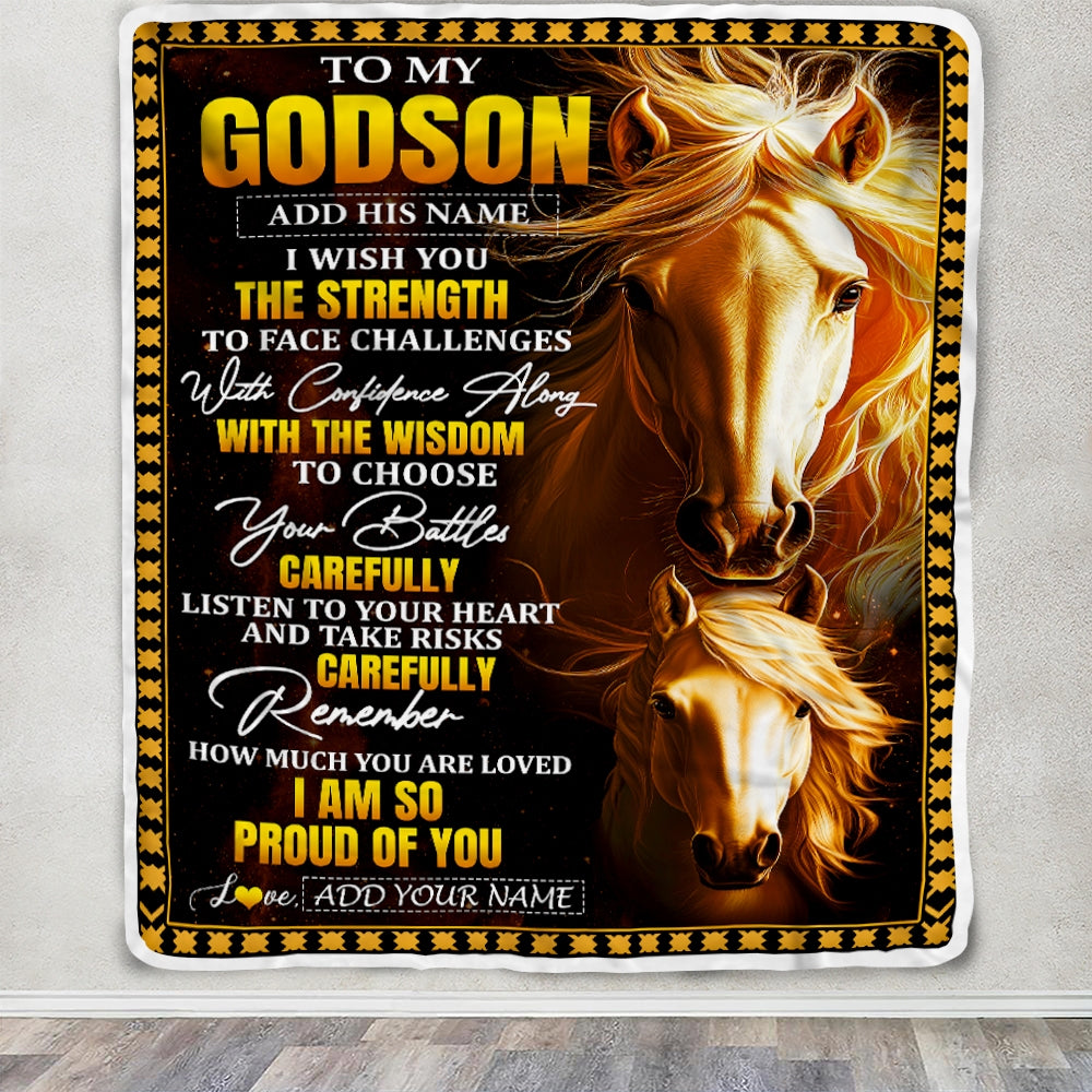 Personalized To My Godson Gifts Blanket From Godmother Godfather I Wish You The Strength Horse Godson Birthday Gifts Christmas Graduation Fleece Blanket | siriusteestore