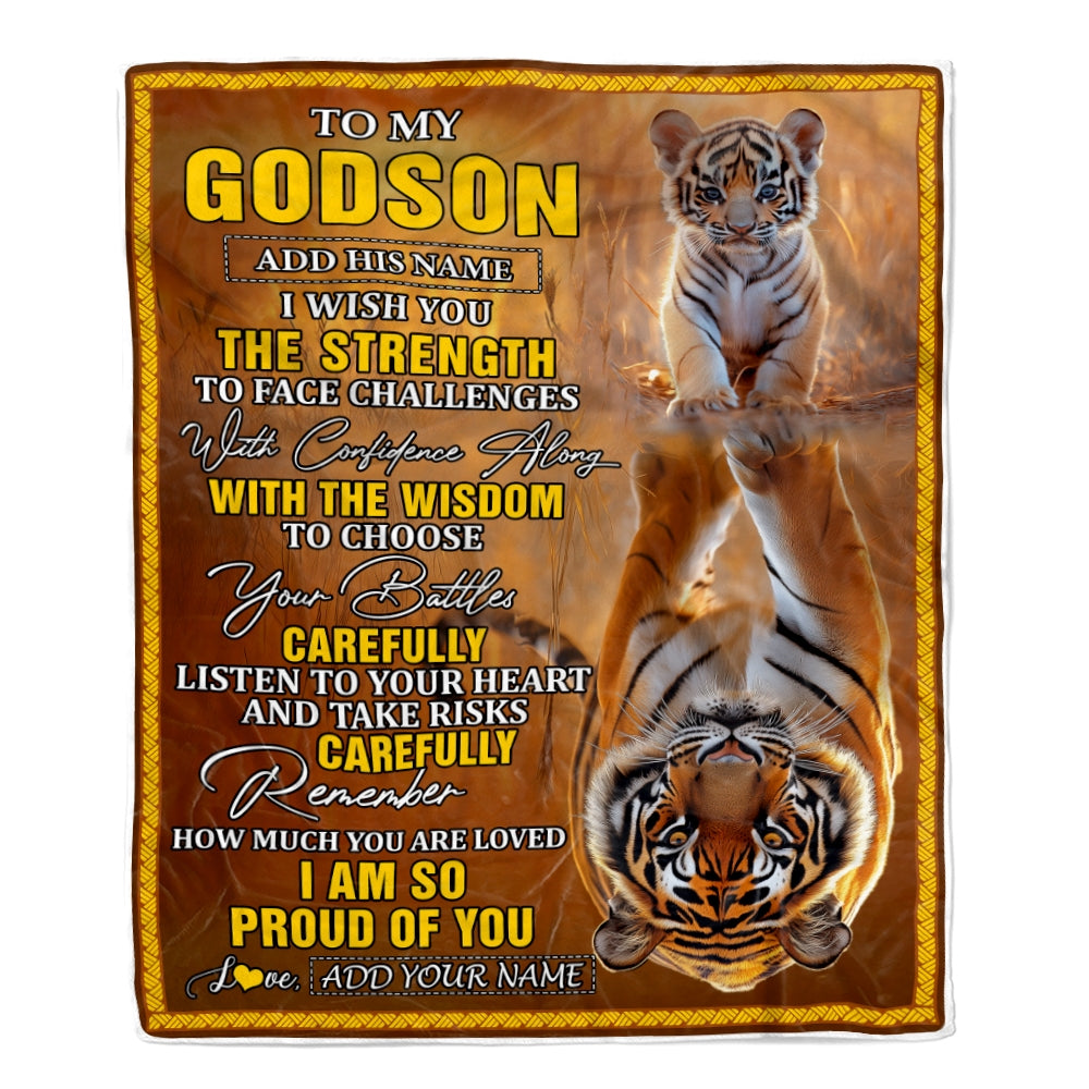 Personalized To My Godson Gifts Blanket From Godmother Godfather I Wish You The Strength Tiger Godson Birthday Gifts Christmas Graduation Fleece Blanket | siriusteestore
