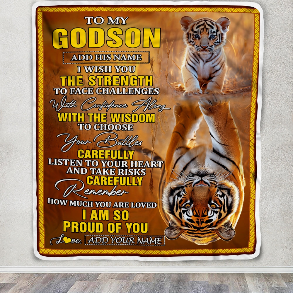 Personalized To My Godson Gifts Blanket From Godmother Godfather I Wish You The Strength Tiger Godson Birthday Gifts Christmas Graduation Fleece Blanket | siriusteestore