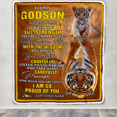 Personalized To My Godson Gifts Blanket From Godmother Godfather I Wish You The Strength Tiger Godson Birthday Gifts Christmas Graduation Fleece Blanket | siriusteestore