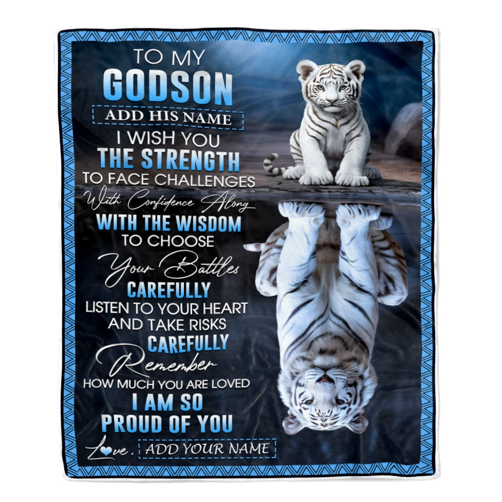 Personalized To My Godson Gifts Blanket From Godmother Godfather I Wish You The Strength White Tier Godson Birthday Gifts Christmas Custom Fleece Blanket | siriusteestore