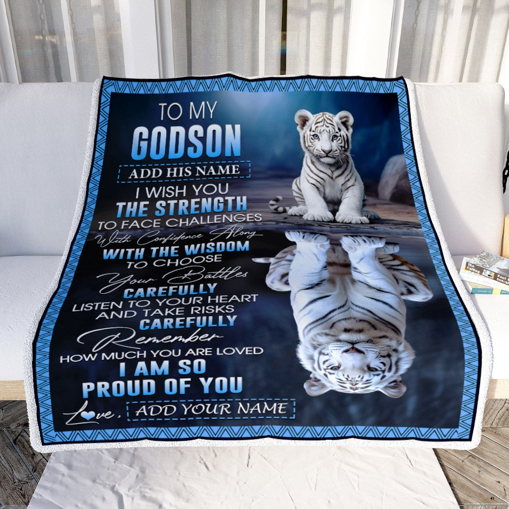 Personalized To My Godson Gifts Blanket From Godmother Godfather I Wish You The Strength White Tier Godson Birthday Gifts Christmas Custom Fleece Blanket | siriusteestore