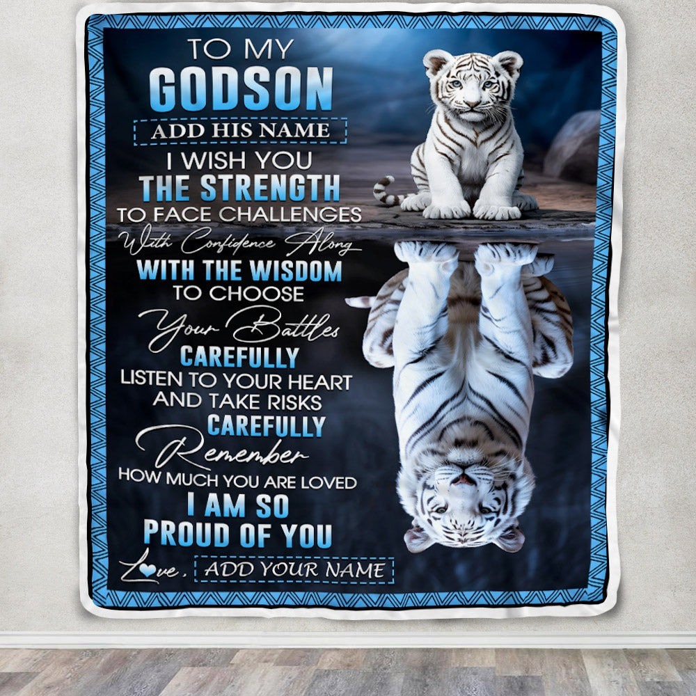 Personalized To My Godson Gifts Blanket From Godmother Godfather I Wish You The Strength White Tier Godson Birthday Gifts Christmas Custom Fleece Blanket | siriusteestore