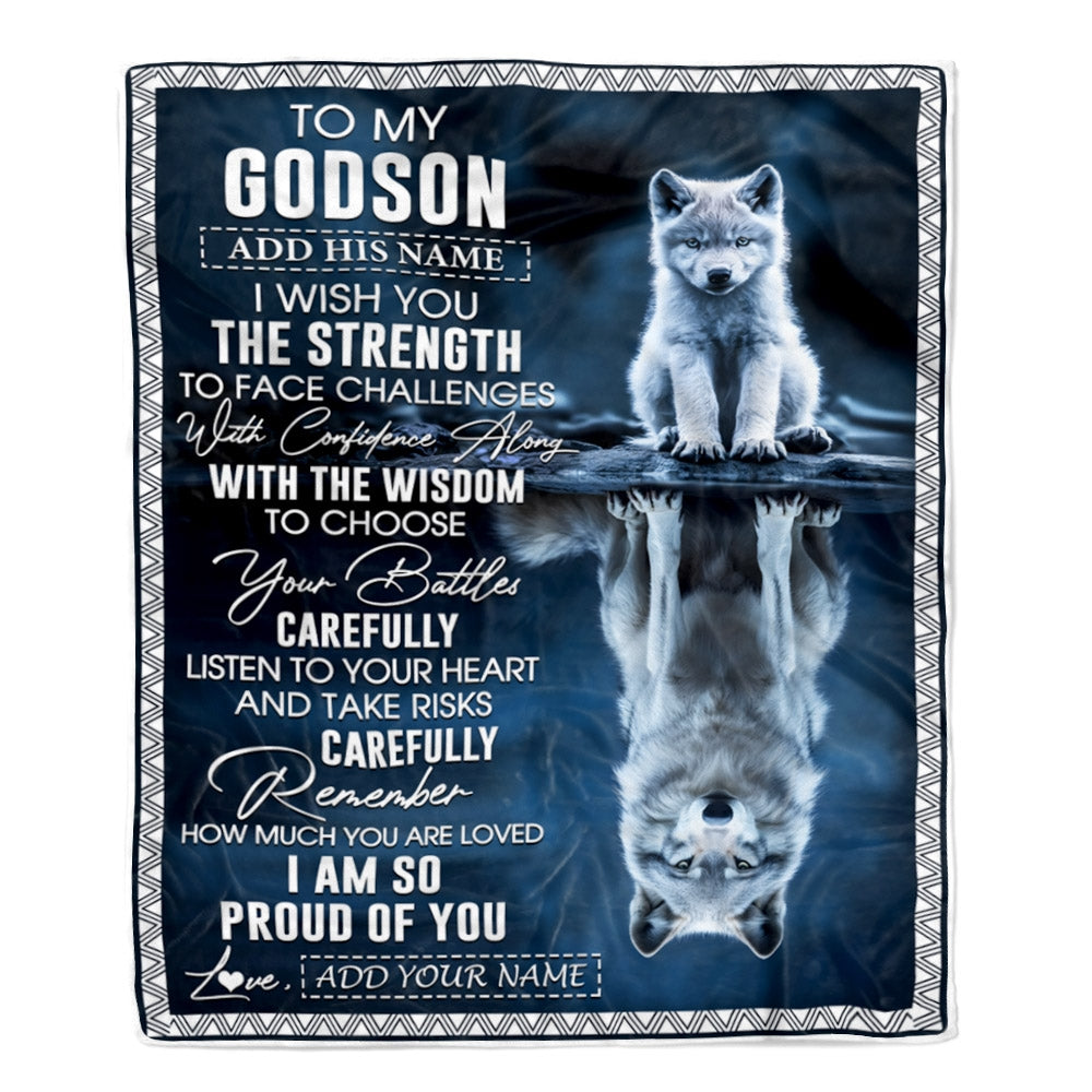 Personalized To My Godson Gifts Blanket From Godmother Godfather I Wish You The Strength Wolf Godson Birthday Gifts Christmas Graduation Fleece Blanket | siriusteestore