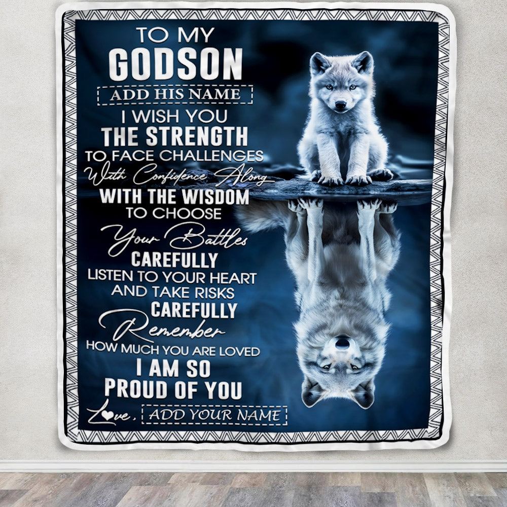 Personalized To My Godson Gifts Blanket From Godmother Godfather I Wish You The Strength Wolf Godson Birthday Gifts Christmas Graduation Fleece Blanket | siriusteestore