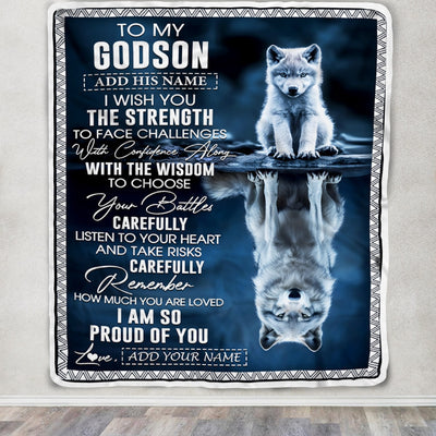 Personalized To My Godson Gifts Blanket From Godmother Godfather I Wish You The Strength Wolf Godson Birthday Gifts Christmas Graduation Fleece Blanket | siriusteestore