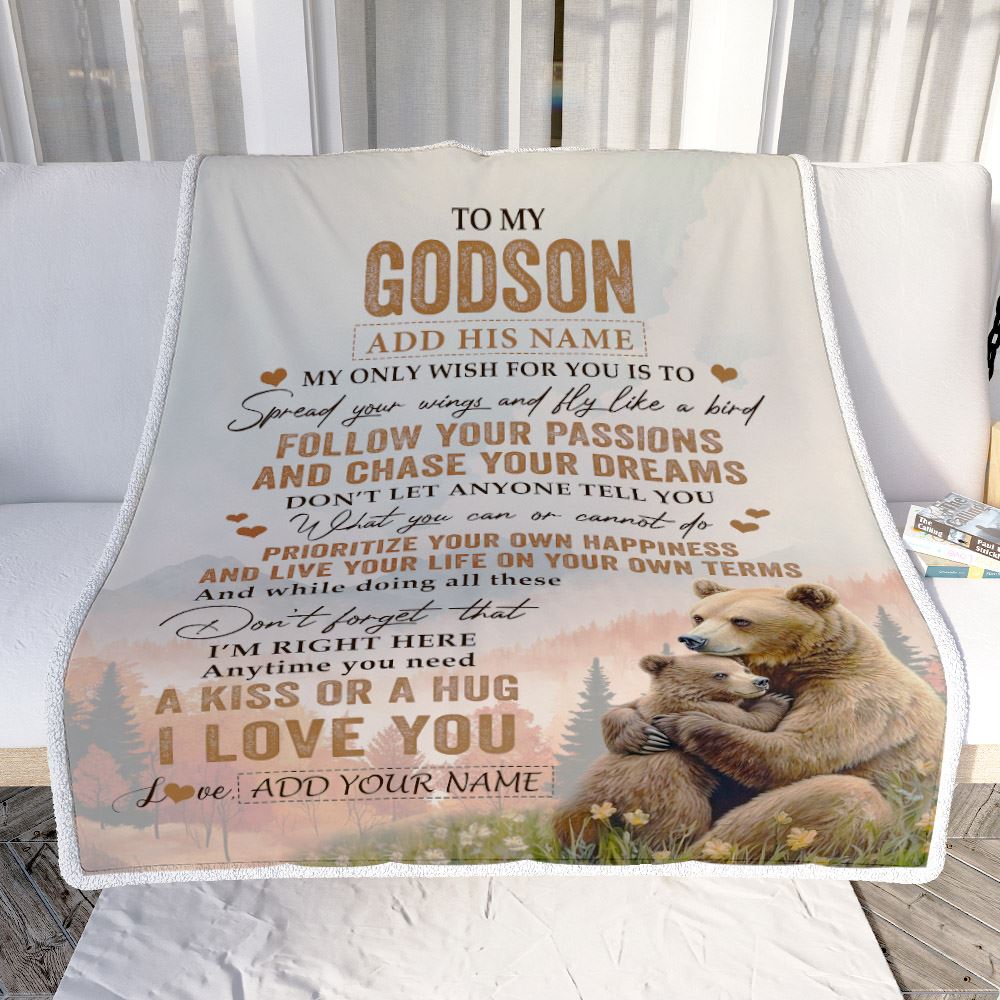 Personalized To My Godson Gifts Blanket From Godmother Uncle Bear My Only Wish For You Godson Birthday Gifts Graduation Christmas Customized Fleece Blanket | siriusteestore