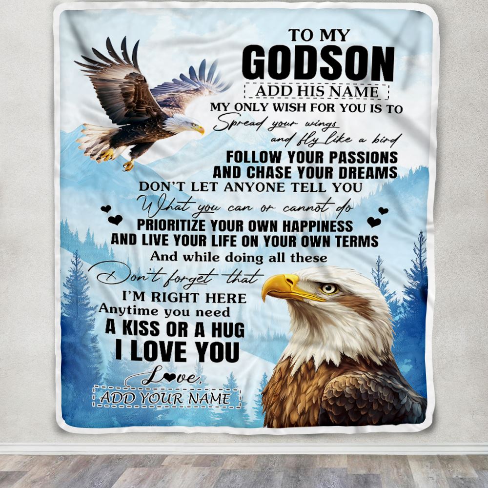 Personalized To My Godson Gifts Blanket From Godmother Uncle Eagle My Only Wish For You Godson Birthday Gifts Graduation Christmas Customized Fleece Blanket | siriusteestore