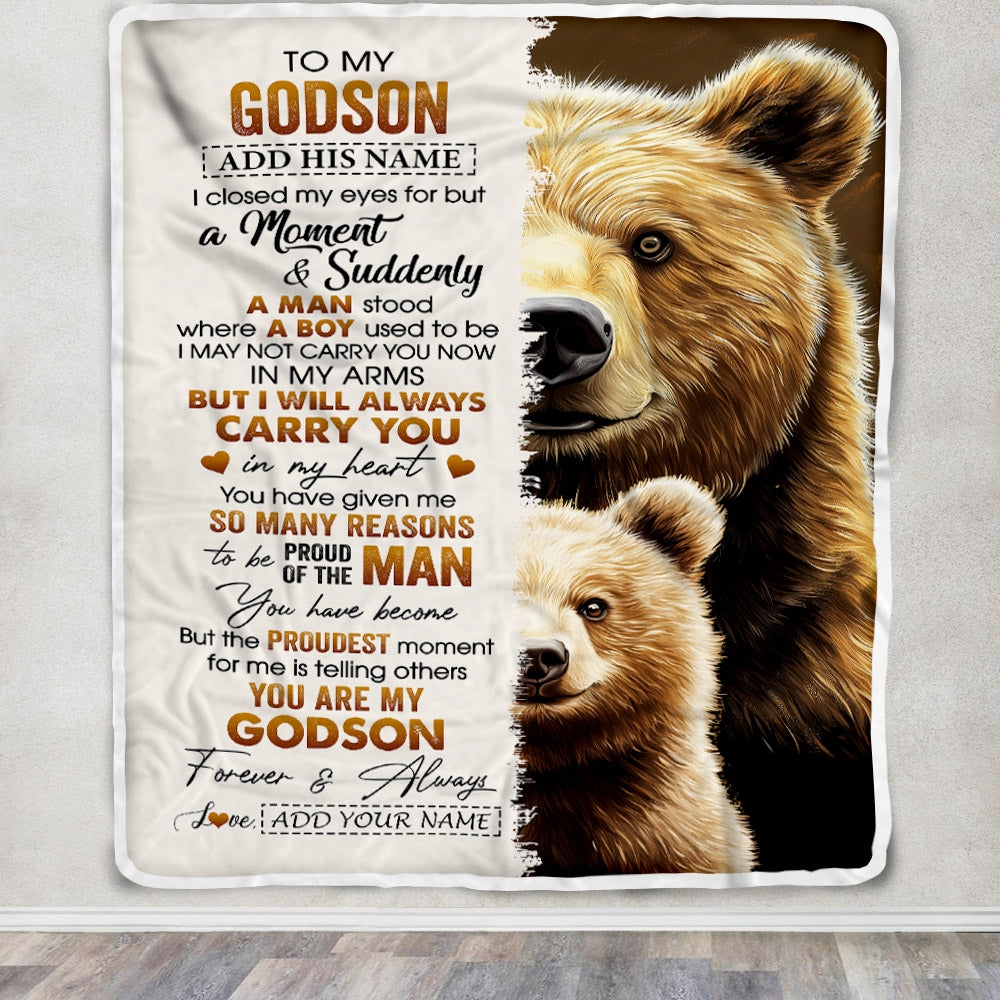 Personalized To My Godson Gifts Blanket From Godmother Uncle Godmother I Close My Eyes Bear Godson Birthday Gifts Graduation Christmas Fleece Throw Blanket | siriusteestore