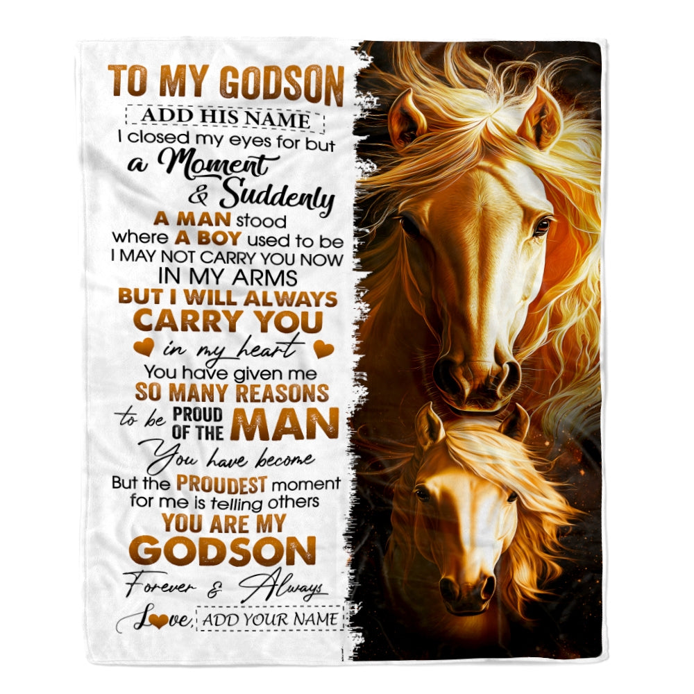 Personalized To My Godson Gifts Blanket From Godmother Uncle Godmother I Close My Eyes Horse Godson Birthday Gifts Graduation Christmas Fleece Throw Blanket | siriusteestore