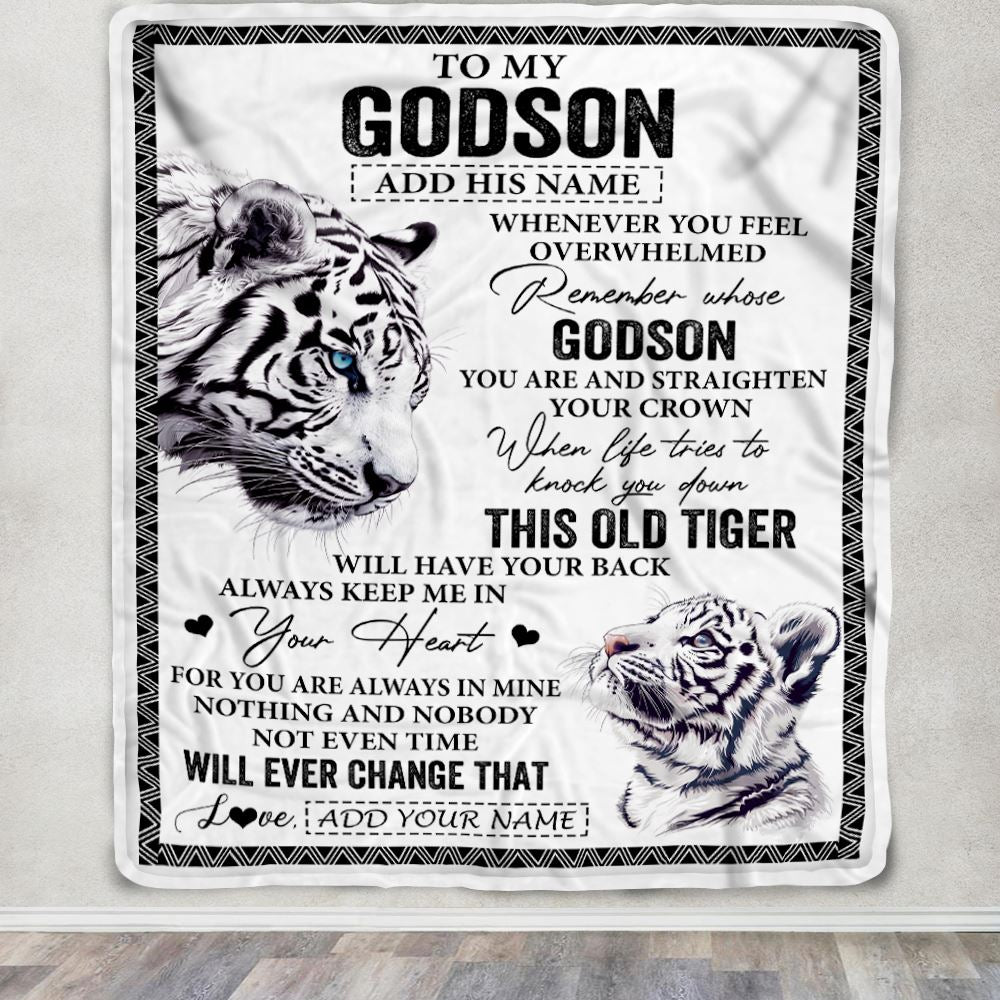 Personalized To My Godson Gifts Blanket From Godmother Uncle Whenever White Tiger Unique Birthday Gifts For Godson Graduation Christmas Fleece Throw Blanket | siriusteestore